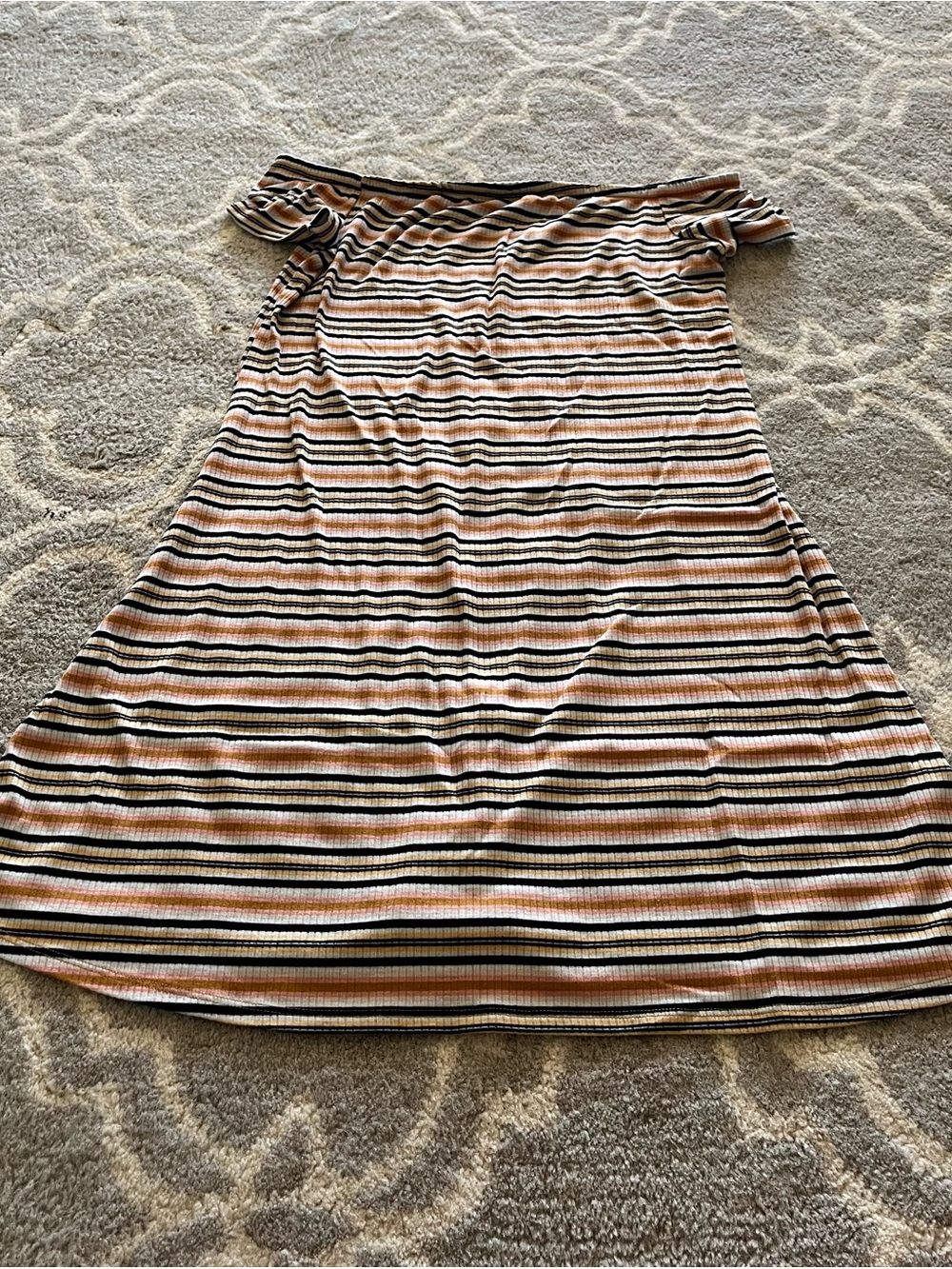 SO Striped Off-Shoulder Mini Dress in Cream, Black & Tan